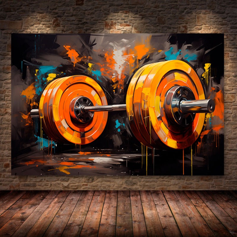 Sports Equipment Poster - กราฟฟิตีบาร์เบลผ้าใบพิมพ์ลายศิลปะบนผนังสร้างแรงบันดาลใจสำหรับเล่นฟิตเนสยิมของตกแต่งห้องเพาะกายโปสเตอร์ยกน้ำหนักของขวัญ