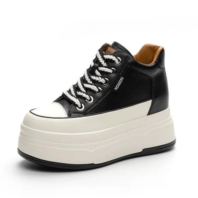 Skateboard - 9 ซม.วัวหนังนิ่มของแท้หนังผู้หญิง Vulcanized รองเท้าแพลตฟอร์ม WEDGE High